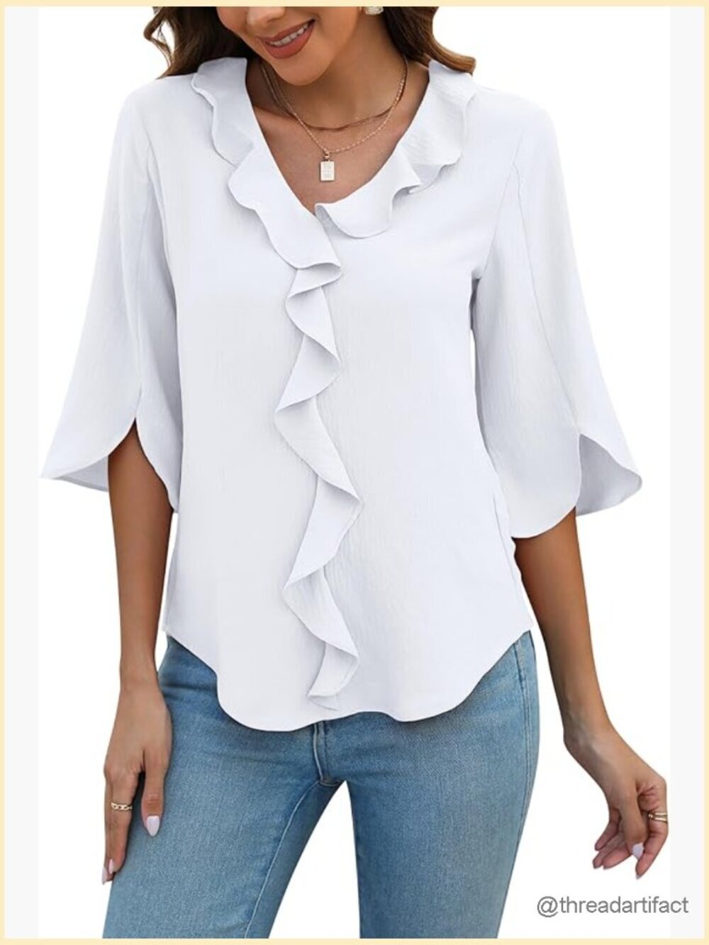 Womens Dressy Casual Blouse 3/4 Sleeve V Neck Ruffle Top Work Shirt